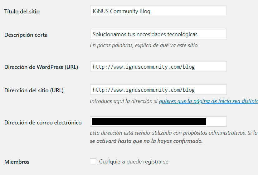 Configuración inicial de una instalación de Wordpress IGNUS Community Blog Wordpress Sevilla